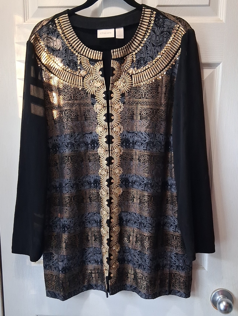 Chico's Black Tunic with Gold Metallic Embellishment